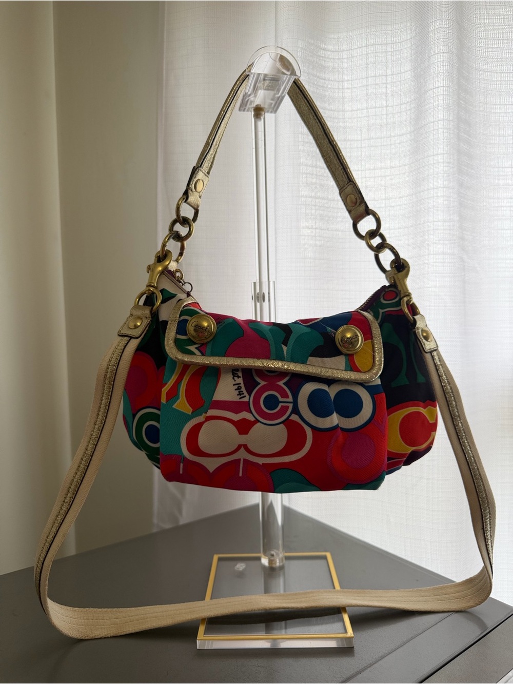 Coach Multicolor Graphic Signature Shoulder Bag with Gold Trim